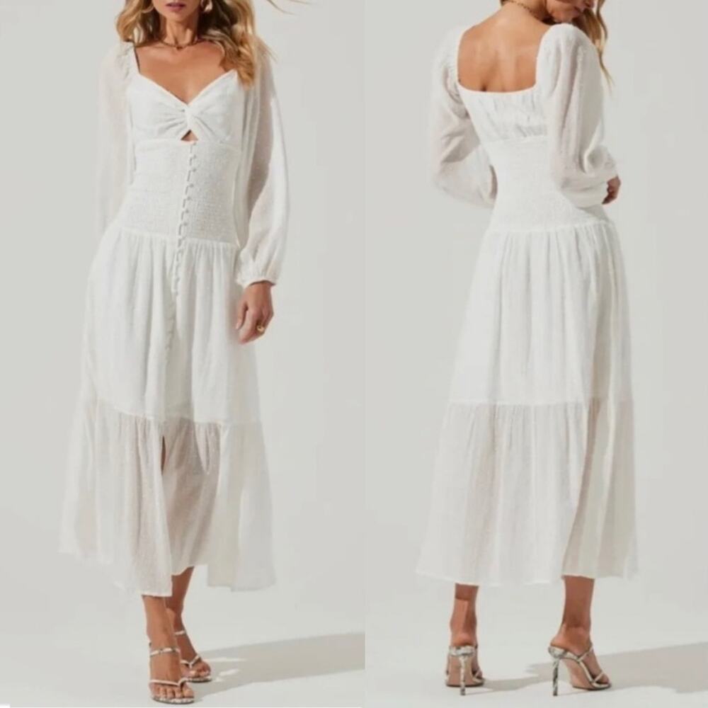 ASTR The Label Long Sleeve Twist Bust Smocked Bodice Dress in White, Size L